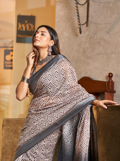 Grey Printed Zari Cotton Silk SareePrinted Zari Cotton Silk Saree