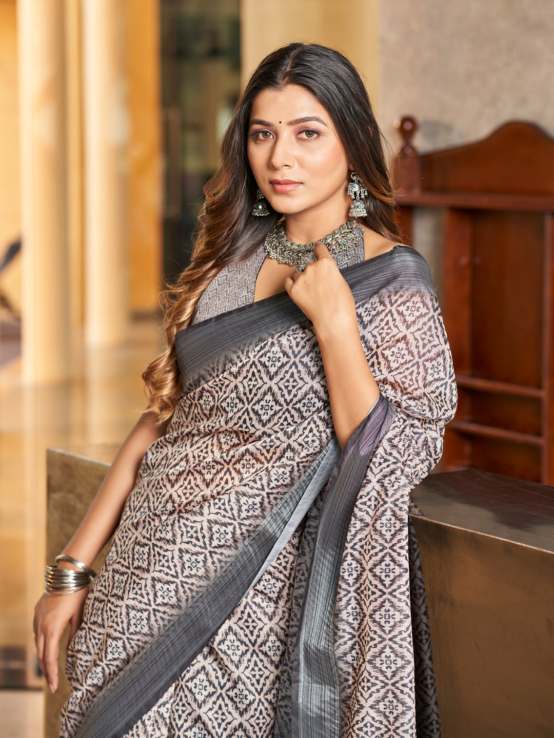 Grey Printed Zari Cotton Silk SareePrinted Zari Cotton Silk Saree