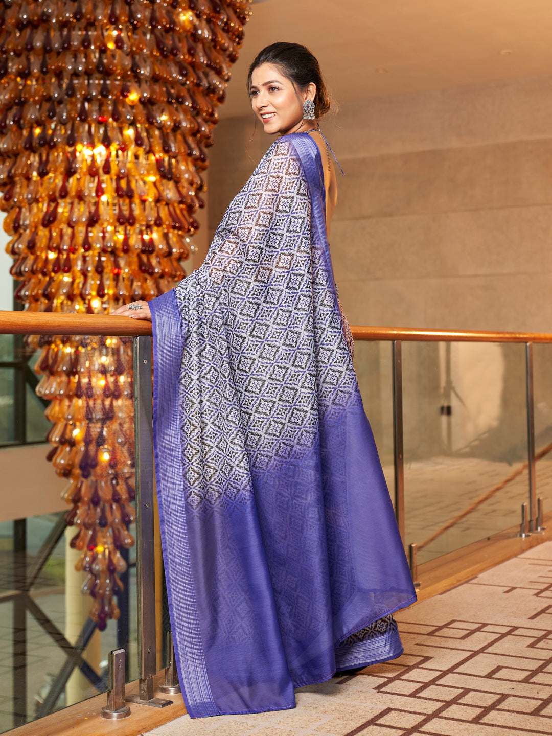 Two-Tone Blue Printed Zari Cotton Silk Saree