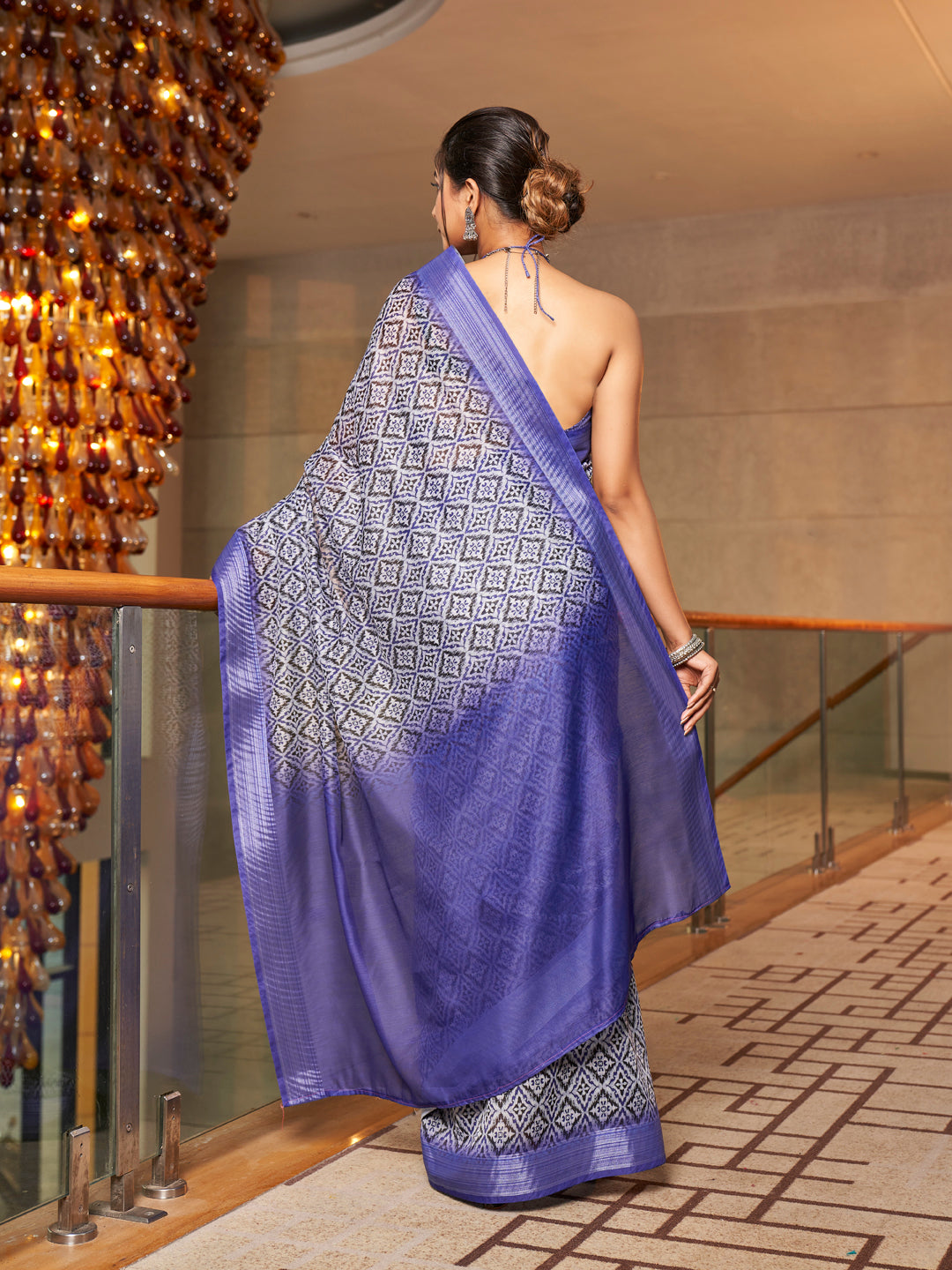 Two-Tone Blue Printed Zari Cotton Silk Saree