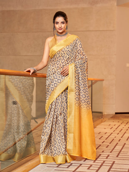 Two-Tone Yellow Printed Zari Cotton Silk Saree