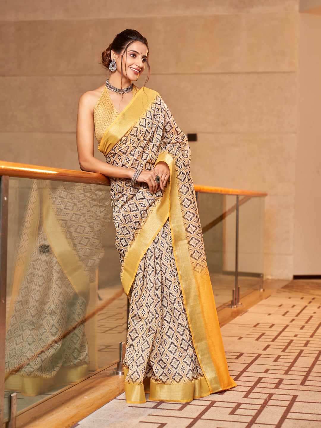 Two-Tone Yellow Printed Zari Cotton Silk Saree