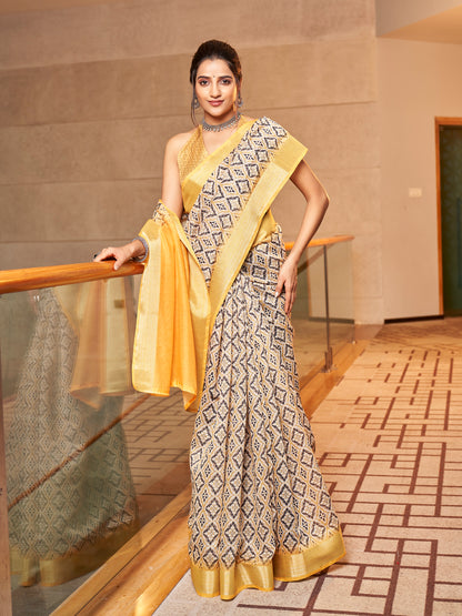 Two-Tone Yellow Printed Zari Cotton Silk Saree