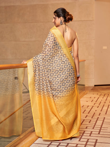 Two-Tone Yellow Printed Zari Cotton Silk Saree