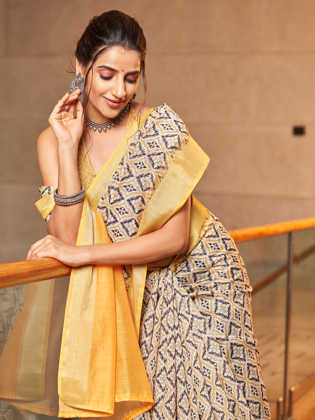 Two-Tone Yellow Printed Zari Cotton Silk Saree