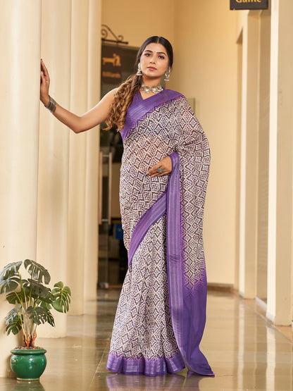 Two-Tone Purple Printed Zari Cotton Silk Saree
