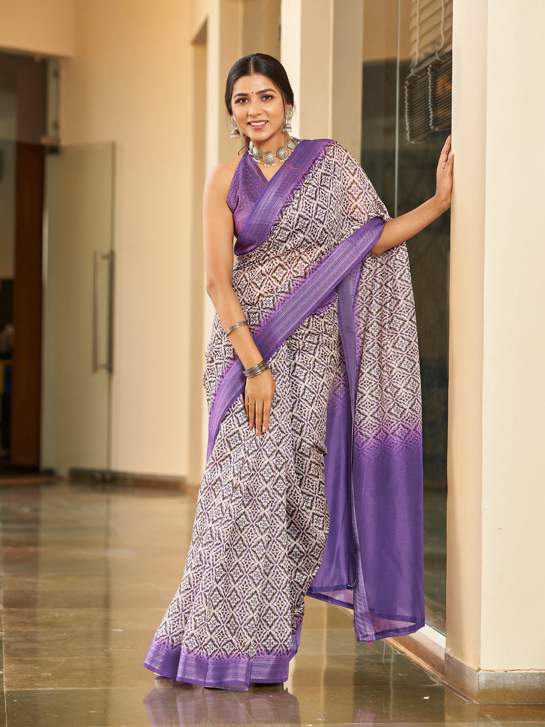 Two-Tone Purple Printed Zari Cotton Silk Saree