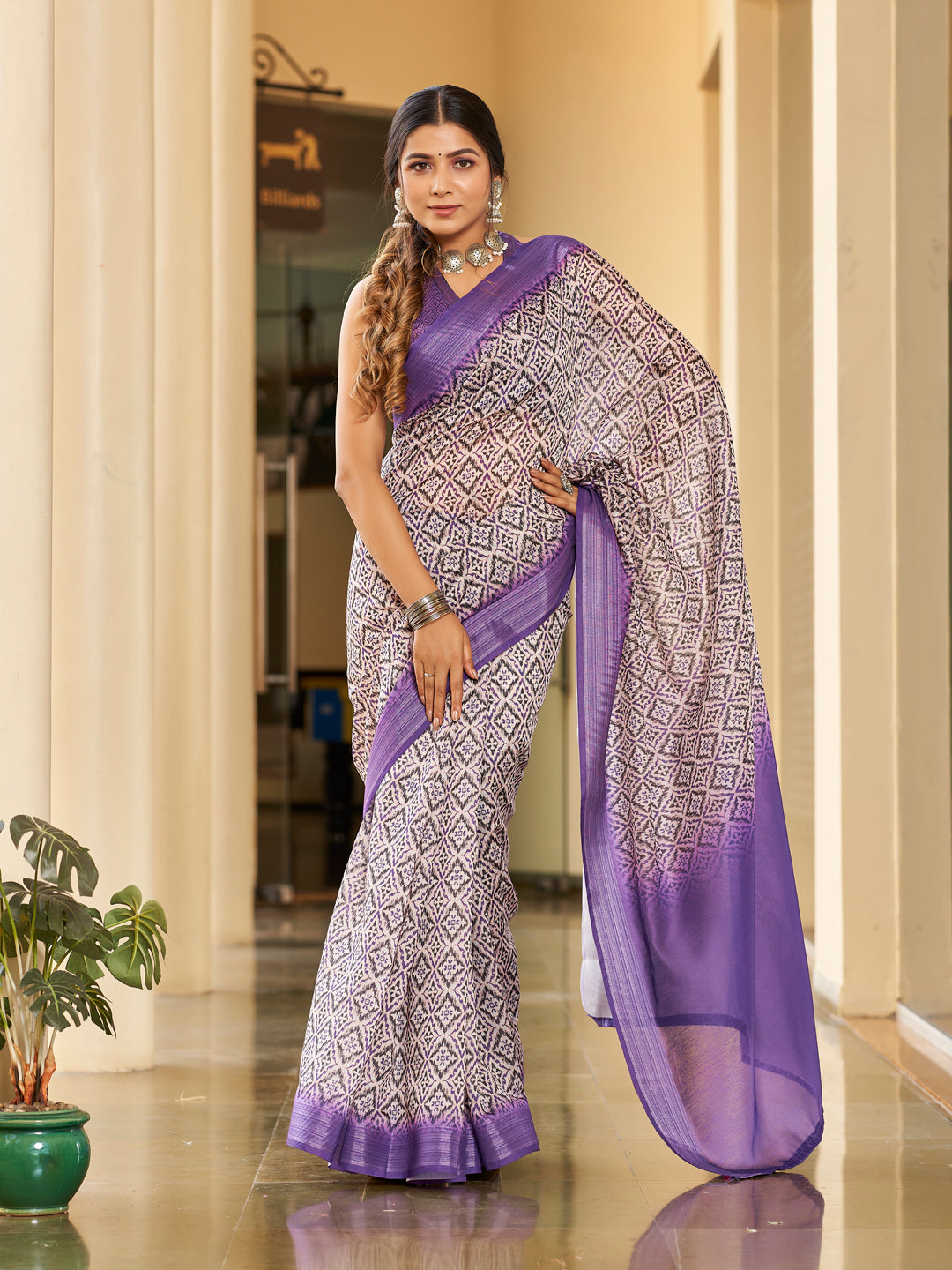 Two-Tone Purple Printed Zari Cotton Silk Saree