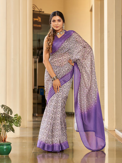Two-Tone Purple Printed Zari Cotton Silk Saree