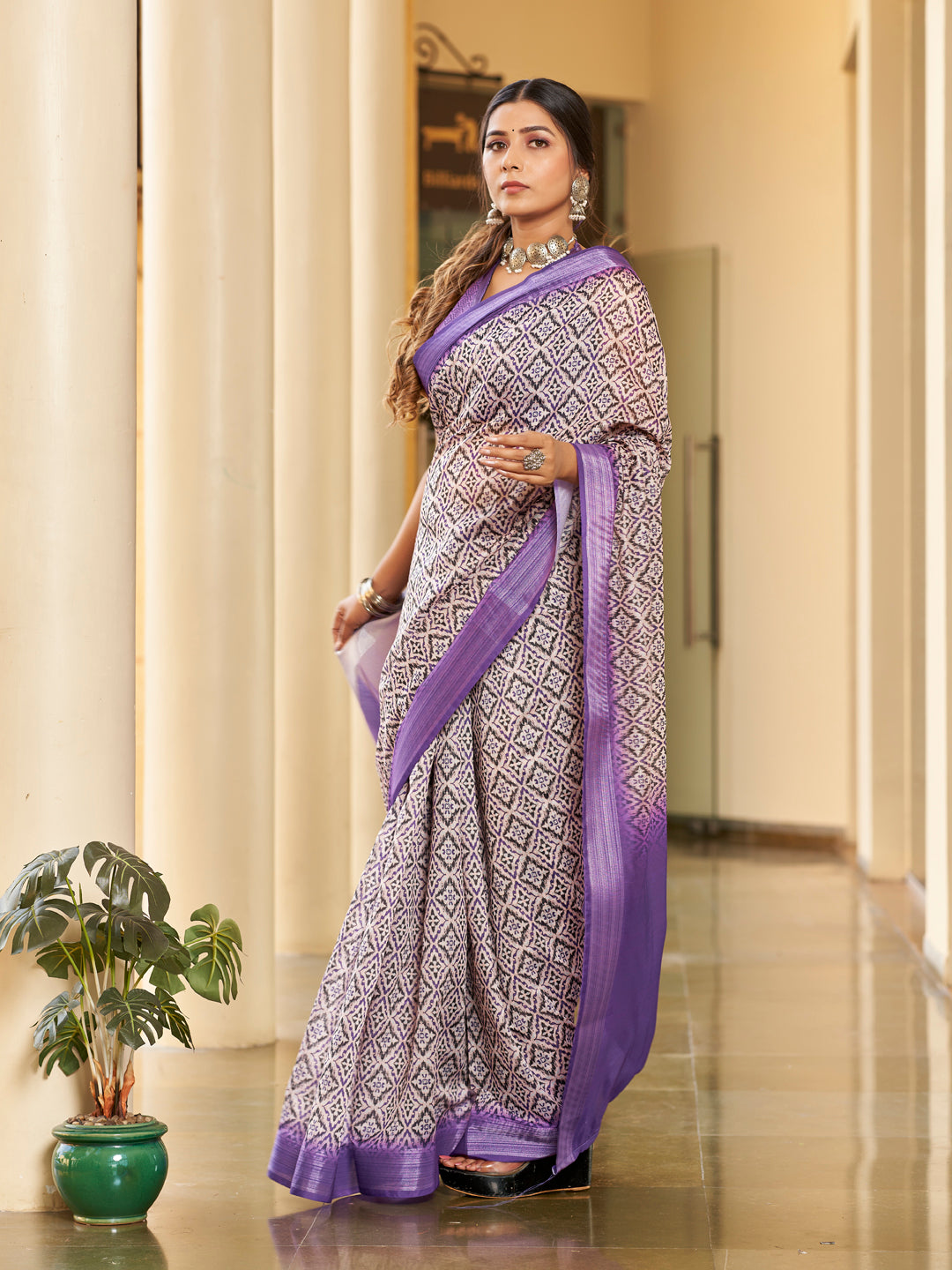 Two-Tone Purple Printed Zari Cotton Silk Saree