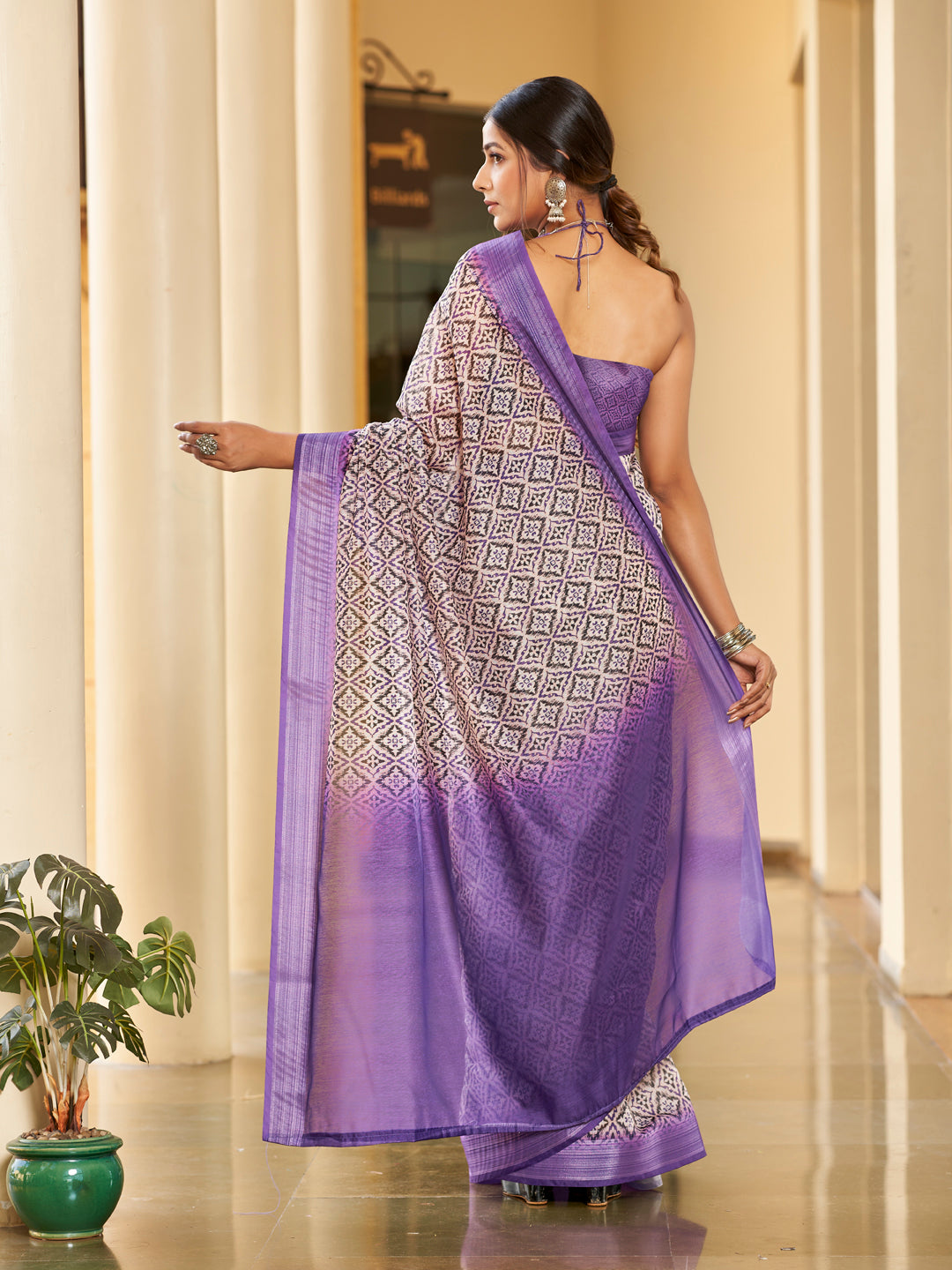 Two-Tone Purple Printed Zari Cotton Silk Saree