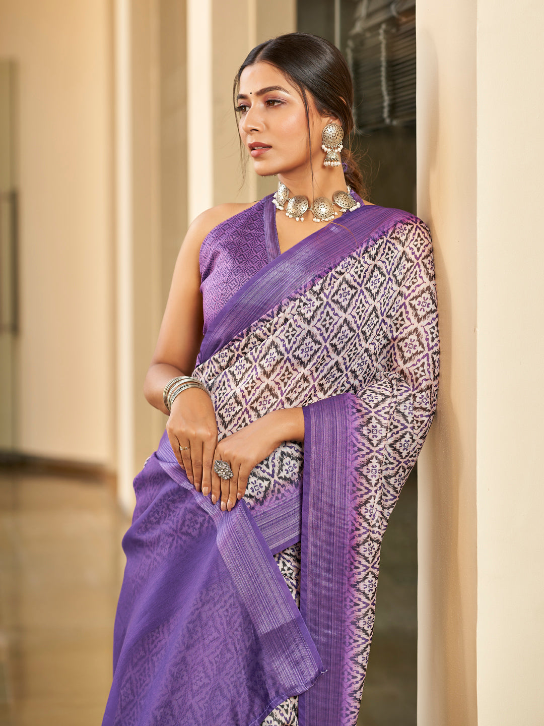 Two-Tone Purple Printed Zari Cotton Silk Saree