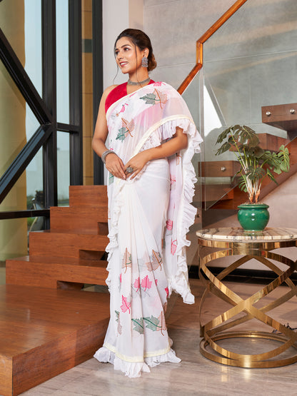 White & Red Embroidered Georgette Saree