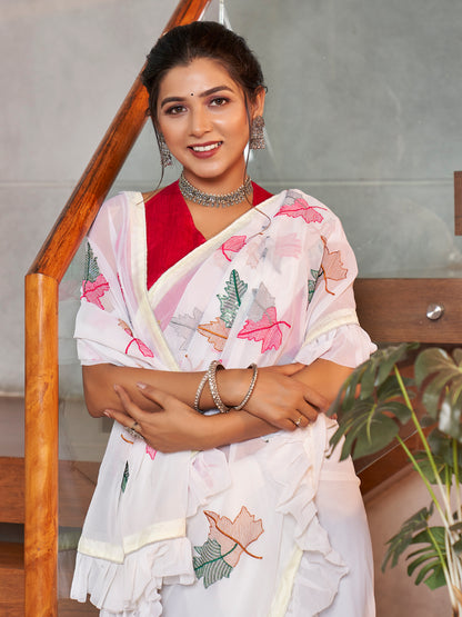 White & Red Embroidered Georgette Saree