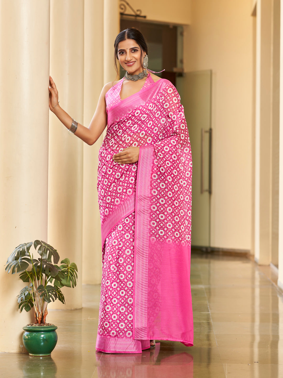 Rani Pink Printed Zari Cotton Silk Saree