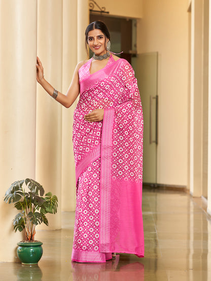 Rani Pink Printed Zari Cotton Silk Saree