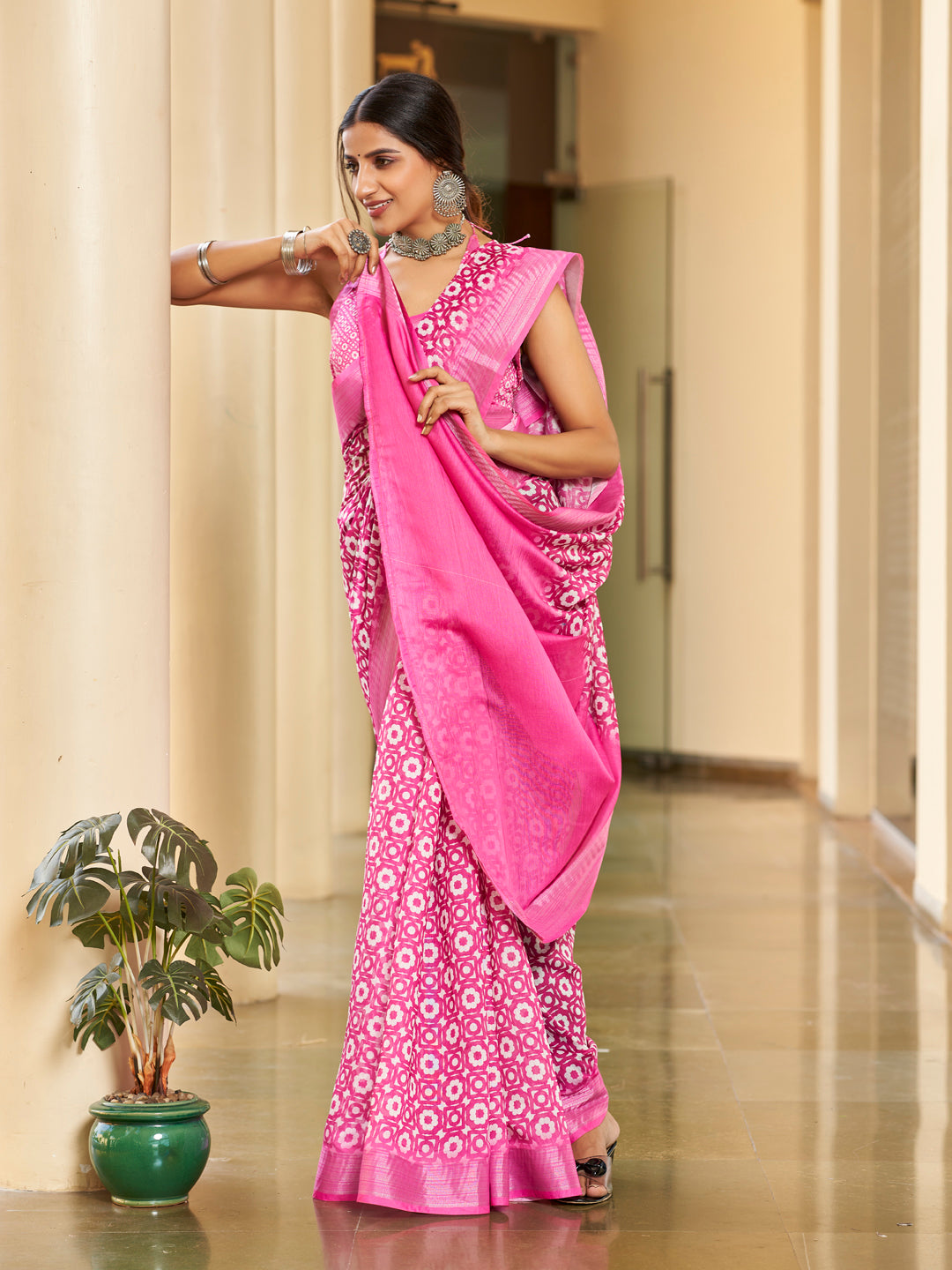 Rani Pink Printed Zari Cotton Silk Saree
