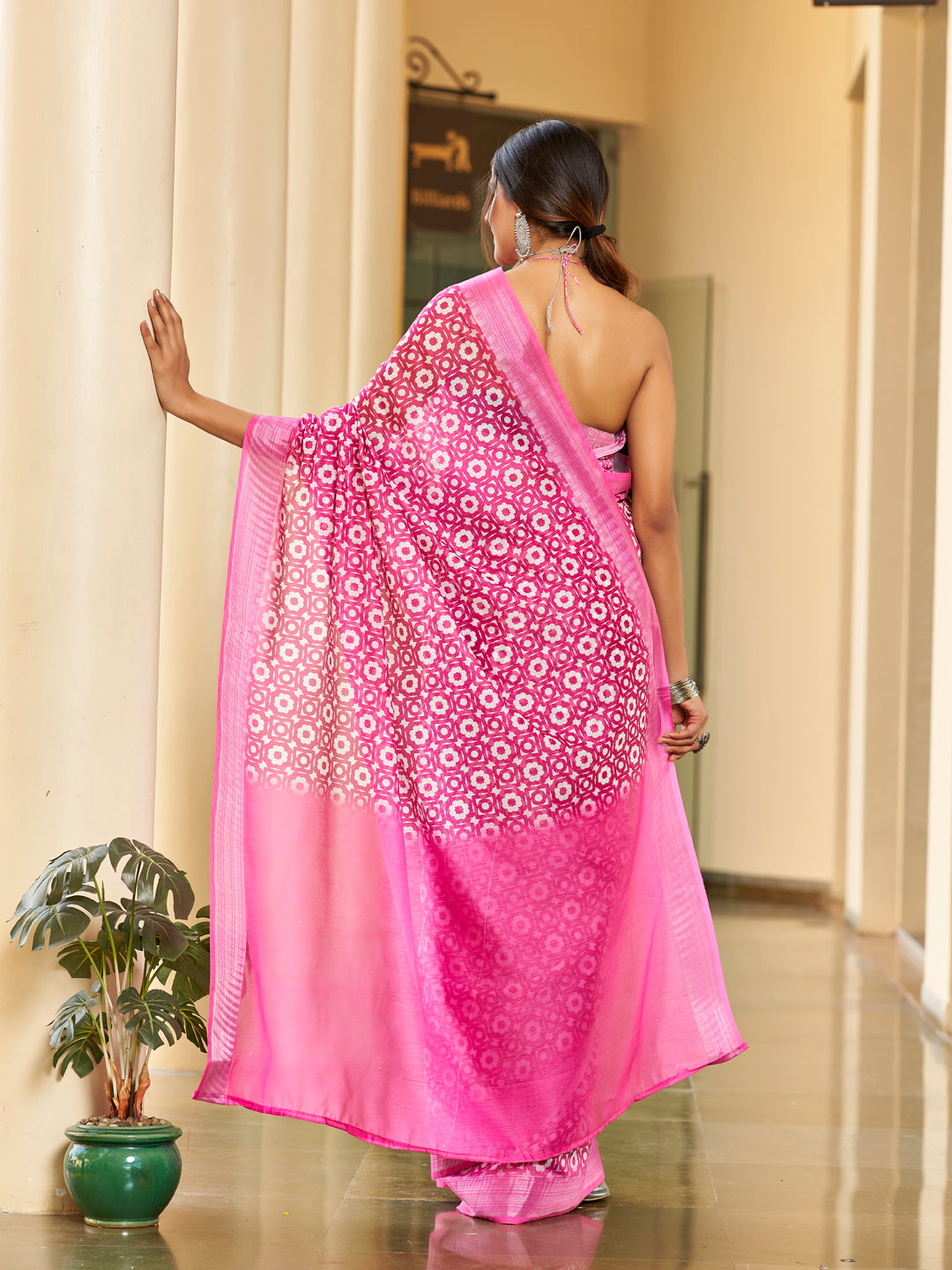 Rani Pink Printed Zari Cotton Silk Saree