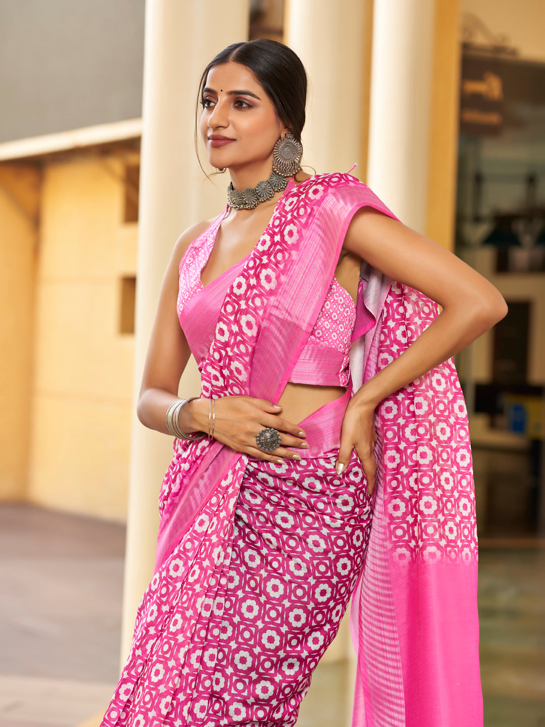 Rani Pink Printed Zari Cotton Silk Saree