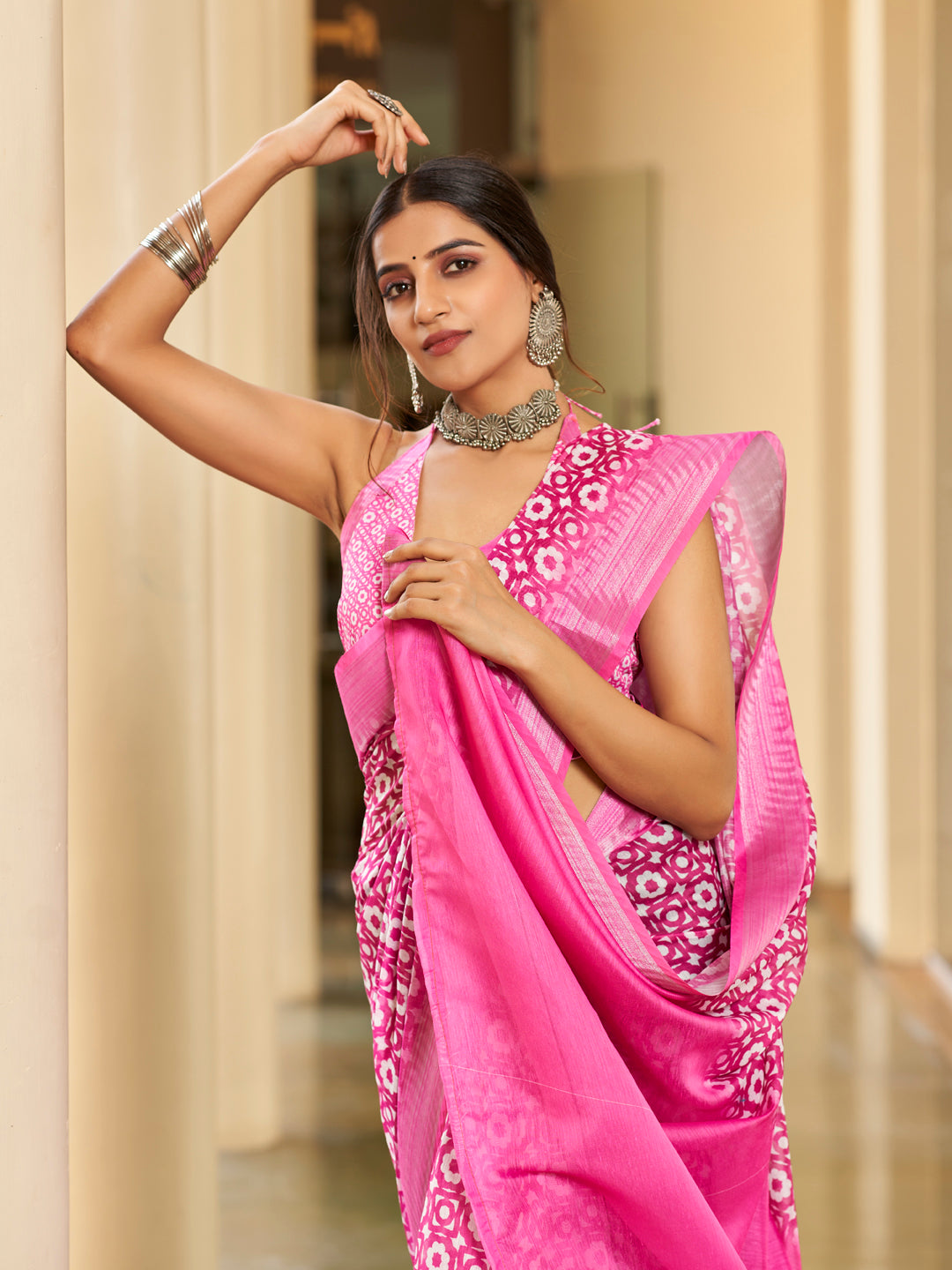 Rani Pink Printed Zari Cotton Silk Saree