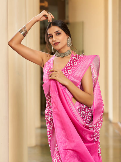 Rani Pink Printed Zari Cotton Silk Saree