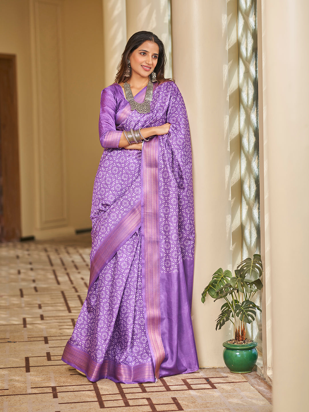 Purple Printed Zari Cotton Silk Saree