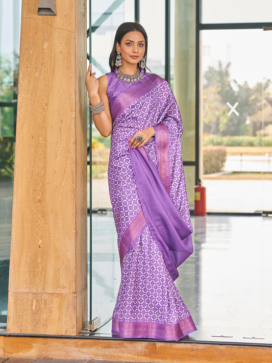 Purple Printed Zari Cotton Silk Saree