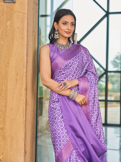 Purple Printed Zari Cotton Silk Saree