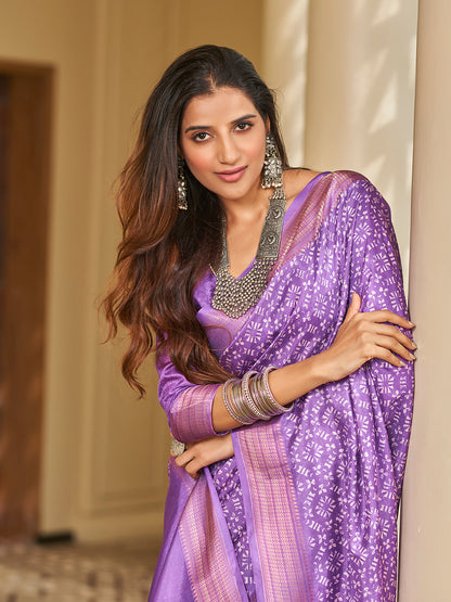 Purple Printed Zari Cotton Silk Saree