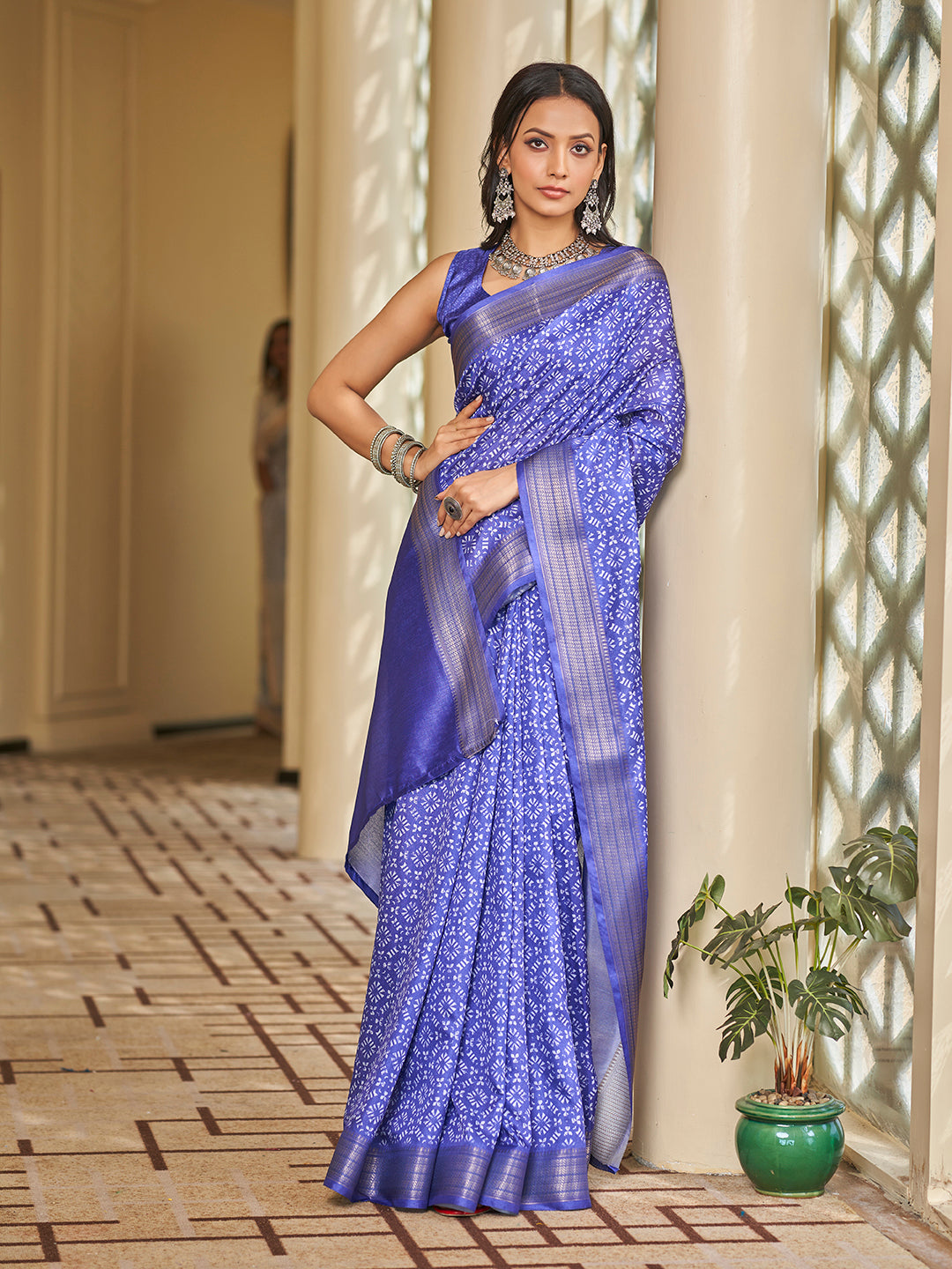 Blue Printed Zari Cotton Silk Saree