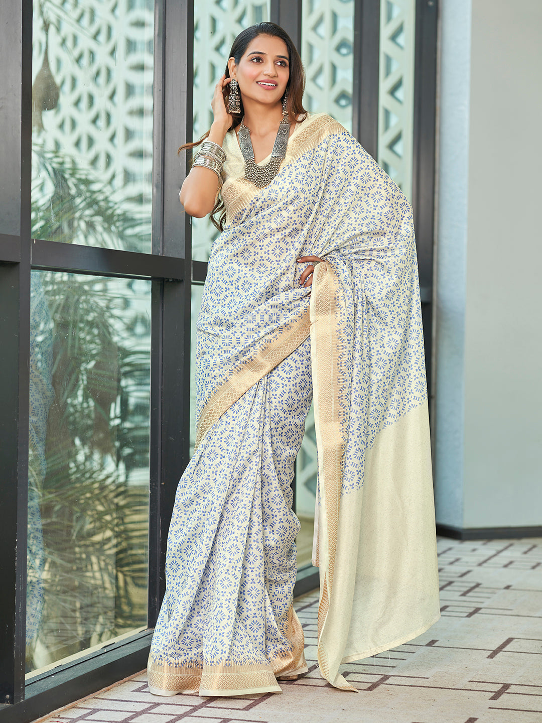Off White Printed Zari Cotton Silk Saree