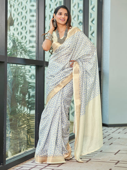 Off White Printed Zari Cotton Silk Saree