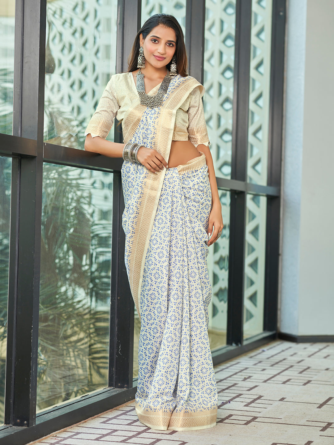 Off White Printed Zari Cotton Silk Saree