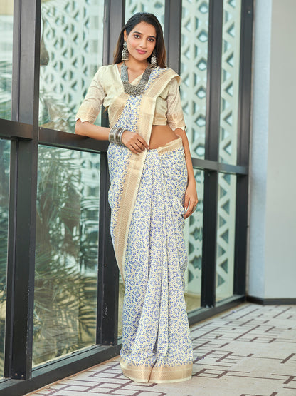 Off White Printed Zari Cotton Silk Saree