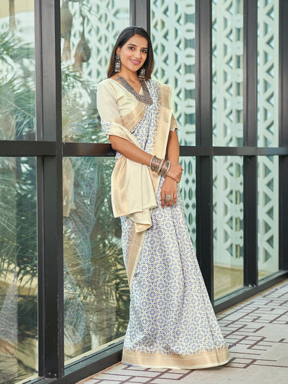 Off White Printed Zari Cotton Silk Saree