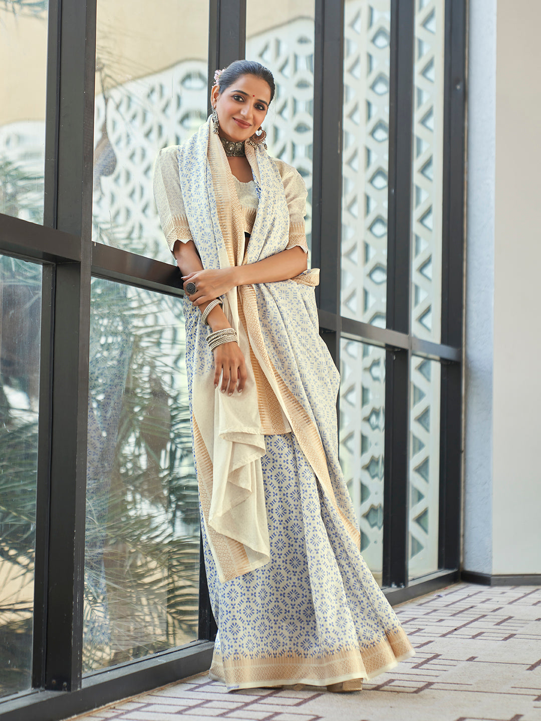 Off White Printed Zari Cotton Silk Saree