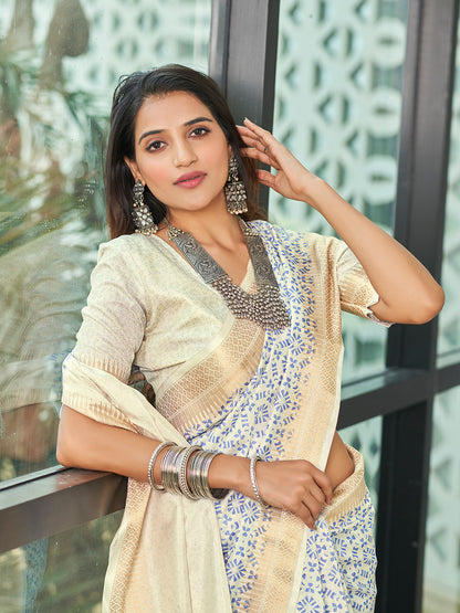 Off White Printed Zari Cotton Silk Saree
