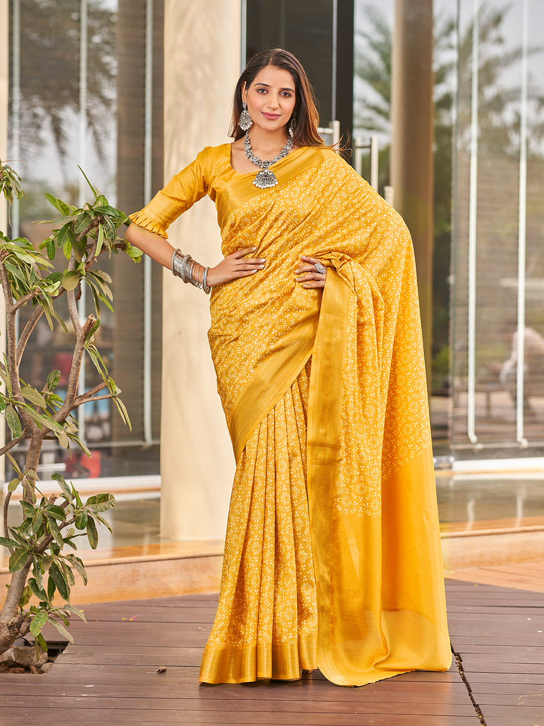 Yellow Printed Zari Cotton Silk Saree