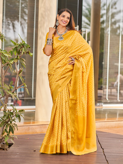 Yellow Printed Zari Cotton Silk Saree