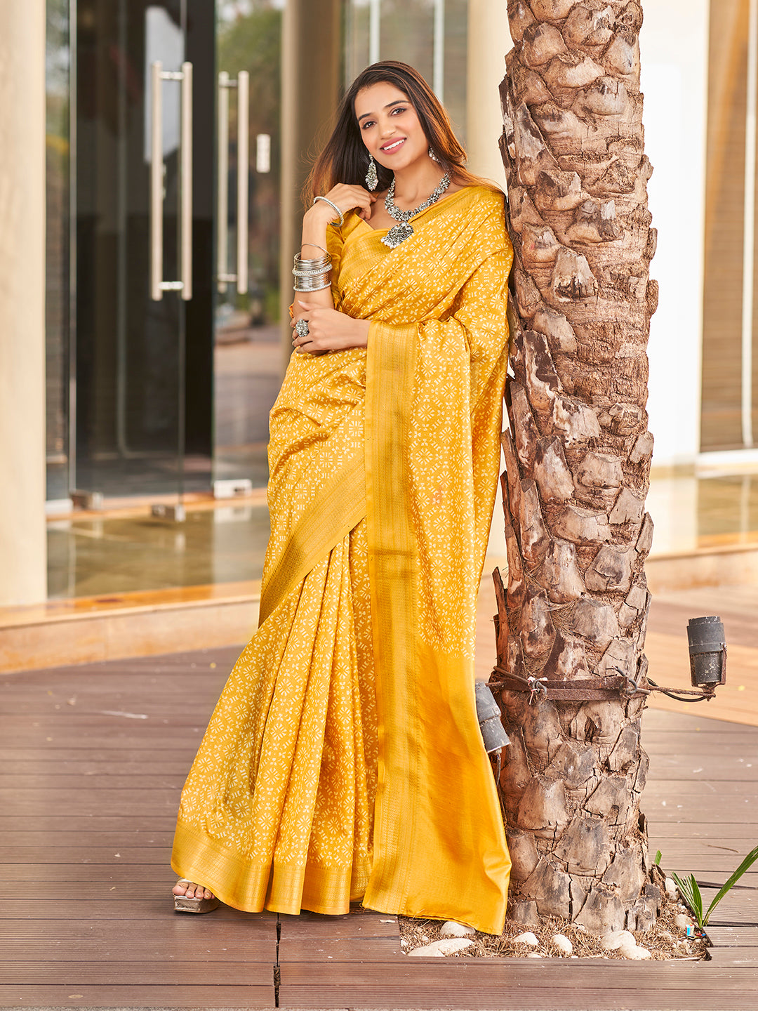 Yellow Printed Zari Cotton Silk Saree