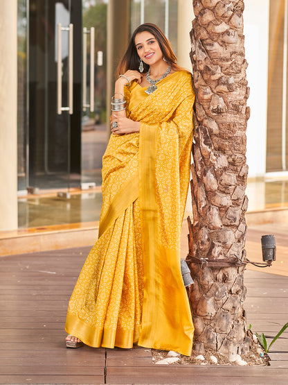 Yellow Printed Zari Cotton Silk Saree