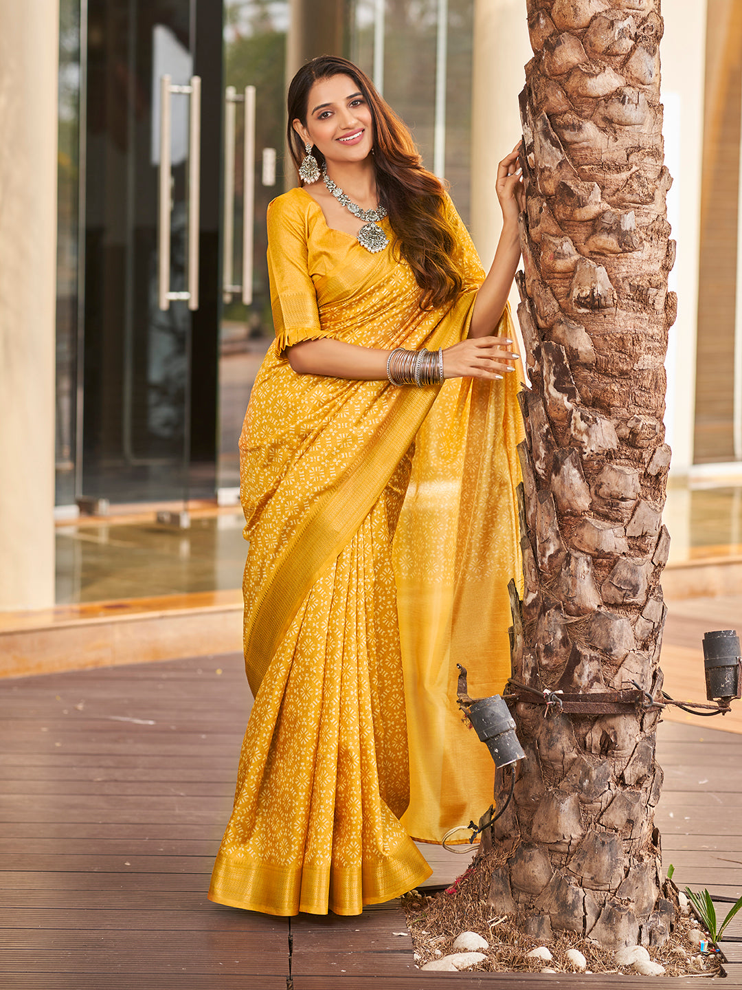 Yellow Printed Zari Cotton Silk Saree