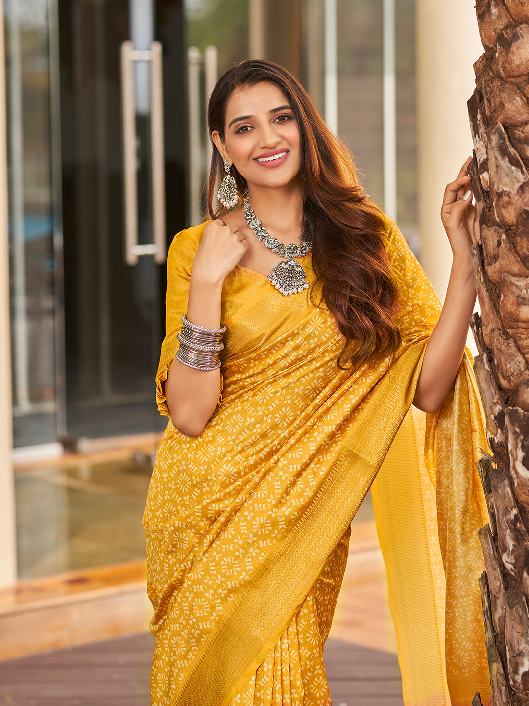 Yellow Printed Zari Cotton Silk Saree