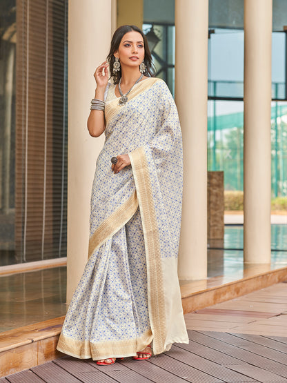 Off White Printed Zari Cotton Silk Saree