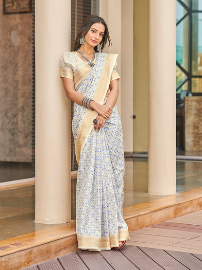 Off White Printed Zari Cotton Silk Saree
