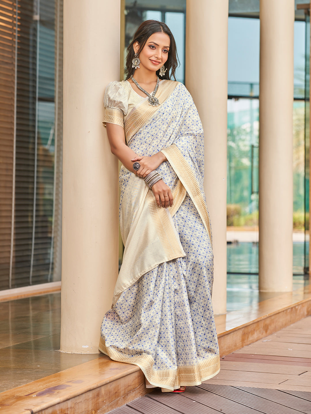 Off White Printed Zari Cotton Silk Saree