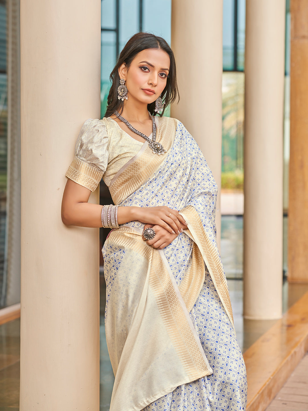 Off White Printed Zari Cotton Silk Saree