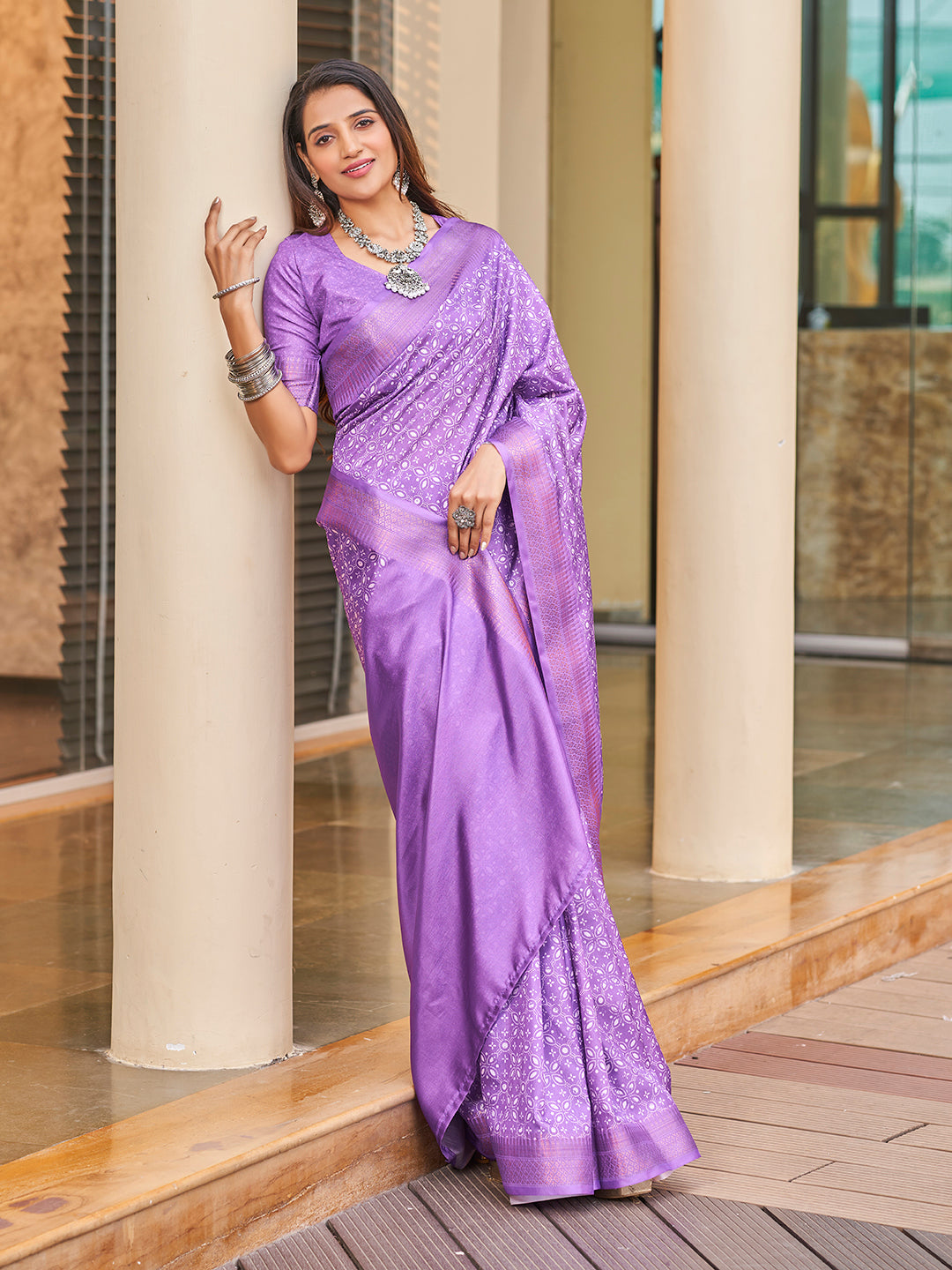 Purple Printed Zari Cotton Silk Saree