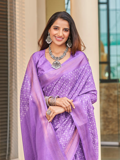 Purple Printed Zari Cotton Silk Saree