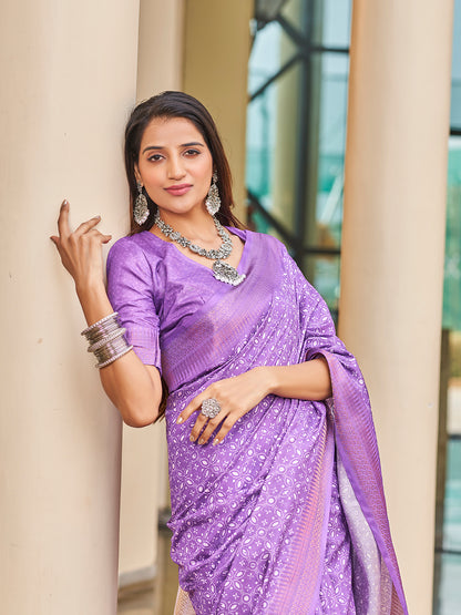 Purple Printed Zari Cotton Silk Saree